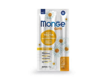 MONGE GIFT Soft Sticks Kitten 15g/3ks mäkké pochúťky pre mačiatka pstruh s harmančekom