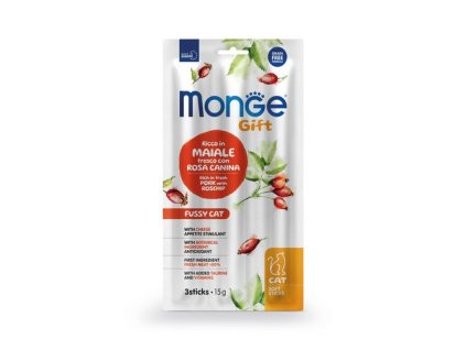 MONGE GIFT Soft Sticks Fussy cat 15g/3ks mäkké pochúťky pre mačky so šípkami a syrom