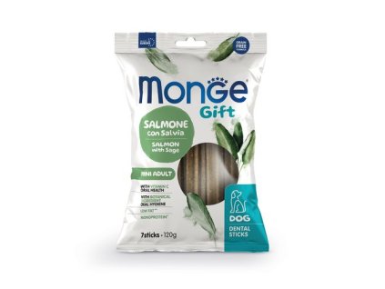 MONGE GIFT Dental Sticks Mini 120g/7ks dentálna pochúťka pre psov losos so šalviou