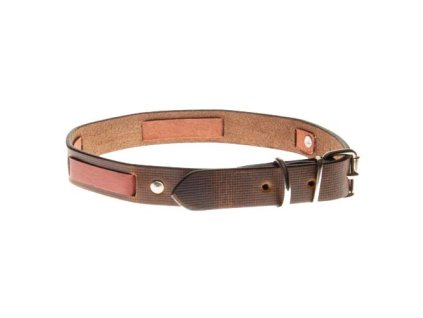 COBBYS PET Obojok z pravej kože hnedý s drobnou károvanou hľbkovou tlačou zdobený červenou kožou 20mm/45cm