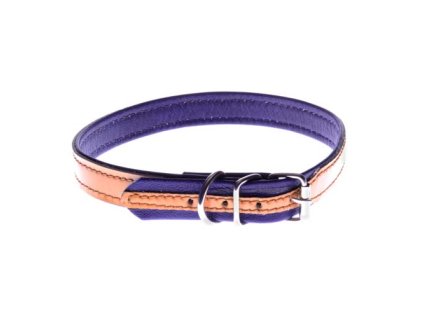 COBBYS PET Obojok z pravej kože s vysokým leskom bledohnedý, podšitý brúsenou fialovou kožou 15mm/35cm