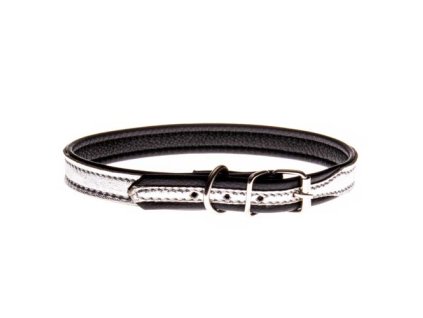 COBBYS PET Obojok z pravej kože s vysokým leskom strieborný, podšitý brúsenou čiernou kožou 15mm/45cm