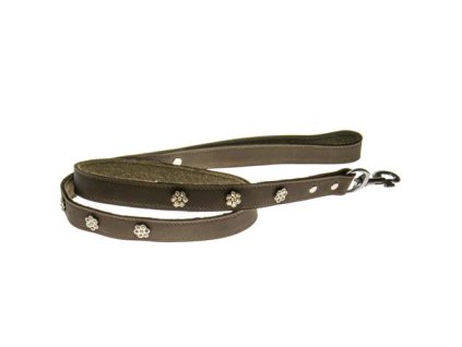 COBBYS PET Vodidlo z pravej kože podšité hnedé zdobené kryštálmi v tvare kvetov 25mm/120cm