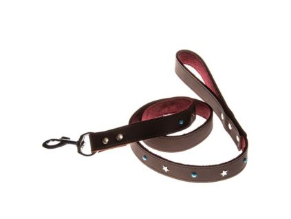 COBBYS PET Vodidlo z pravej kože hnedé, podšité, zdobené striebornými hviezdičkami a modrými kamienkami 25mm/120cm