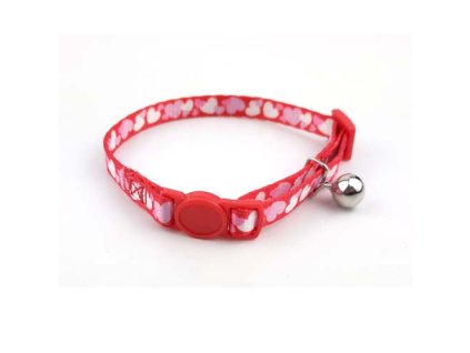 COBBYS PET Nastaviteľný obojok pre mačky s rolničkou 20-30cm/10mm červený so srdiečkami s bezpečnostnou sponou