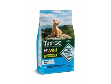 MONGE BWild Grain Free Mini Adult 2,5kg bezobilninové kompletné krmivo pre dospelých psov malých plemien s ančovičkami, zemiakmi a hráškom