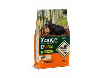 MONGE BWild Grain Free Mini Adult 2,5kg bezobilninové kompletné krmivo pre dospelých psov malých plemien s kačacím mäsom a zemiakmi