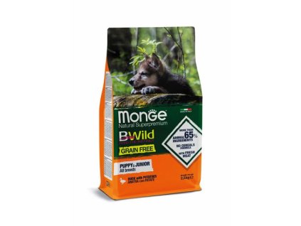 MONGE BWild Grain Free Puppy & Junior 2,5kg bezobilninové kompletné krmivo pre šteňatá s kačacím mäsom a zemiakmi