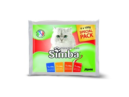 MONGE SIMBA Cat Multipack 4x100g kapsičky pre dospelé mačky pstruh a treska/kuracie mäso a pečeň/losos a pražma/mäso a hrášok