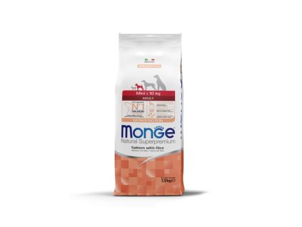 MONGE Natural Superpremium Mini Adult 7,5kg monoproteínové krmivo losos/ryža pre dospelých psov malých plemien