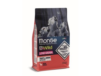 MONGE BWild Low Grain Puppy & Junior 2,5 kg kompletné krmivo pre šteňatá všetkých plemien s jelením mäsom so znížením obsahom obilnín