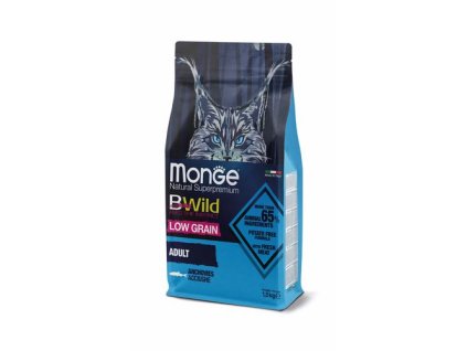 MONGE BWild Cat Low Grain Adult 1,5 kg kompletné krmivo pre dospelé mačky s ančovičkami a so znížením obsahom obilnín