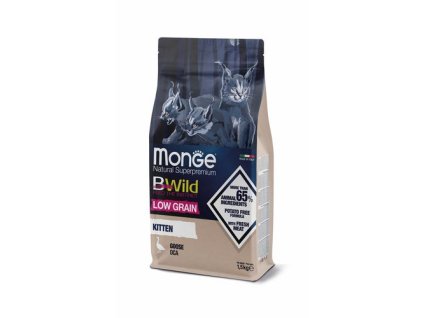 MONGE BWild Cat Low Grain Kitten 1,5 kg kompletné krmivo pre mačiatka s husacím mäsom a so znížením obsahom obilnín