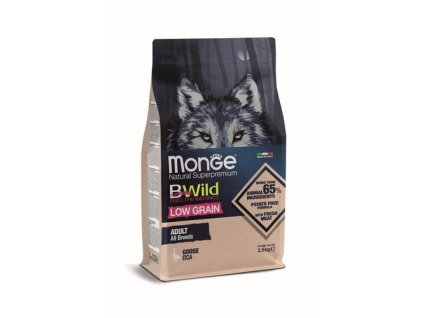 MONGE BWild Low Grain Adult 2,5 kg kompletné krmivo pre dospelých psov s husacím mäsom so znížením obsahom obilnín