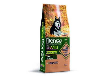MONGE BWild Grain Free Adult 12kg bezobilninové kompletné krmivo pre dospelých psov všetkých plemien s lososom a hráškom