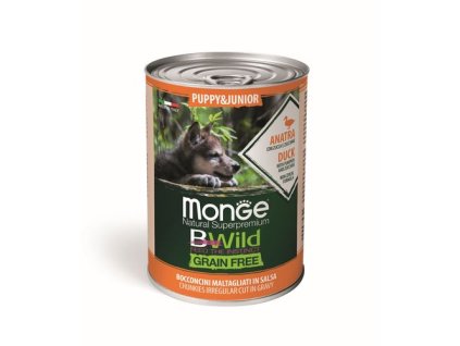 MONGE BWild Grain Free Puppy & Junior 400g bezobilninové vlhké krmivo pre šteňatá kačacie kúsky v omáčke, s tekvicou a cuketou
