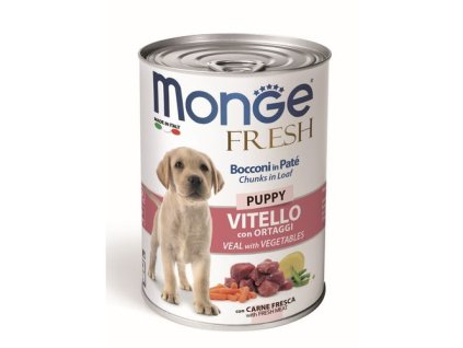 MONGE Fresh Puppy 400g teľacia kúsky v paštéte so zeleninou pre šteňatá