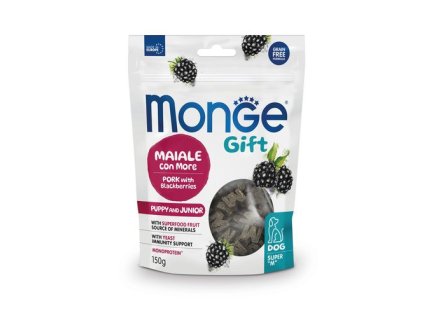 MONGE GIFT Super M Puppy and Junior 150g pochúťky pre šteňatá s bravčovým mäsom a černicami