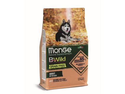 MONGE BWild Grain Free Adult 2,5kg bezobilninové kompletné krmivo pre dospelých psov všetkých plemien s lososom a hráškom