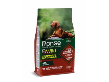 MONGE BWild Grain Free Adult 2,5kg bezobilninové kompletné krmivo pre dospelých psov všetkých plemien s jahňacím mäsom, zemiakmi a hráškom
