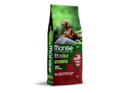 MONGE BWild Grain Free Adult 12kg bezobilninové kompletné krmivo pre dospelých psov všetkých plemien s jahňacím mäsom, zemiakmi a hráškom