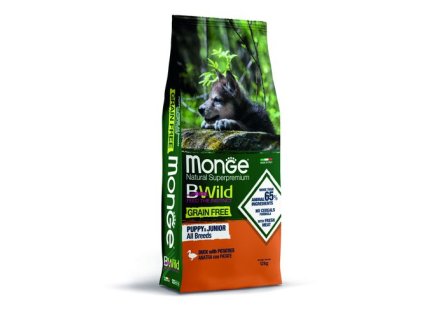 MONGE BWild Grain Free Puppy & Junior 12kg bezobilninové kompletné krmivo pre šteňatá s kačacím mäsom a zemiakmi