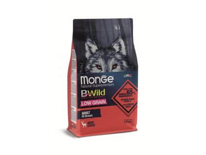 MONGE BWild Low Grain Adult 2,5 kg kompletné krmivo pre dospelých psov všetkých plemien s jelením mäsom so znížením obsahom obilnín