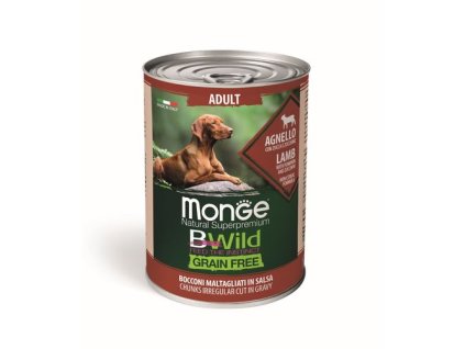 MONGE BWild Grain Free Adult 400g bezobilninové vlhké krmivo pre dospelých psov jahňacie kúsky v omáčke s tekvicou a cuketou