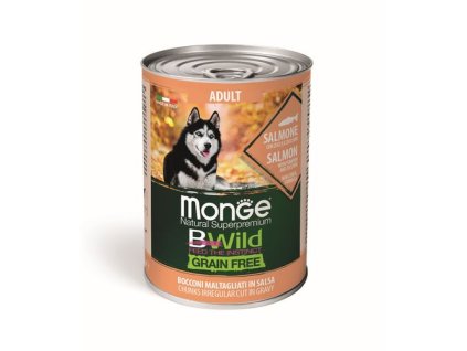 MONGE BWild Grain Free Adult 400g bezobilninové vlhké krmivo pre dospelých psov lososové kúsky v omáčke s tekvicou a cuketou