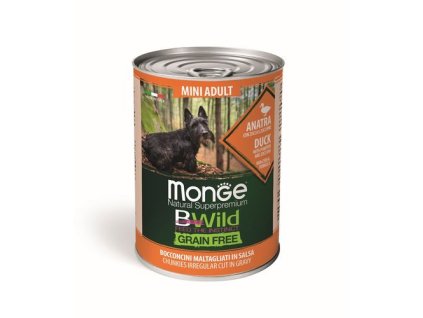 MONGE BWild Grain Free Adult Mini 400g bezobilninové vlhké krmivo pre dospelých psov malých plemien kačacie kúsky v omáčke, s tekvicou a cuketou