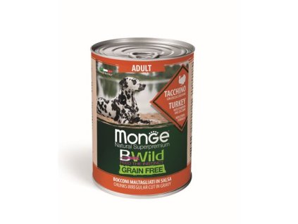 MONGE BWild Grain Free Adult 400g bezobilninové vlhké krmivo pre dospelých psov morčacie kúsky v omáčke s tekvicou a cuketou