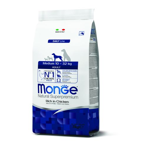 MONGE Natural Superpremium Medium Adult 3kg krmivo s kuracím pre dospelých psov stredných plemien
