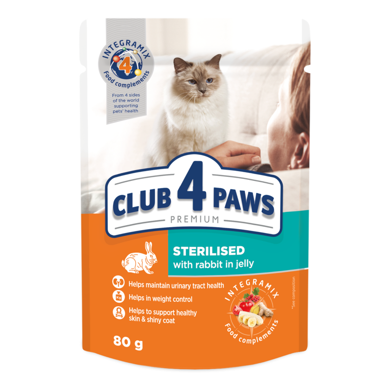 CLUB 4 PAWS Premium pre STERILNÉ MAČKY S KRÁLIKOM 80g (7578)