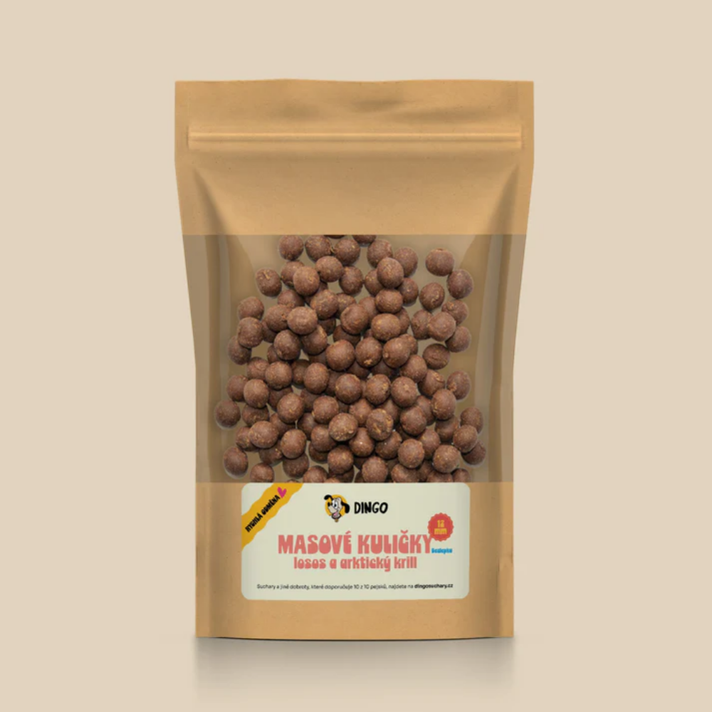 DINGO Mäsové guličky losos a arktický krill 12 mm 150g