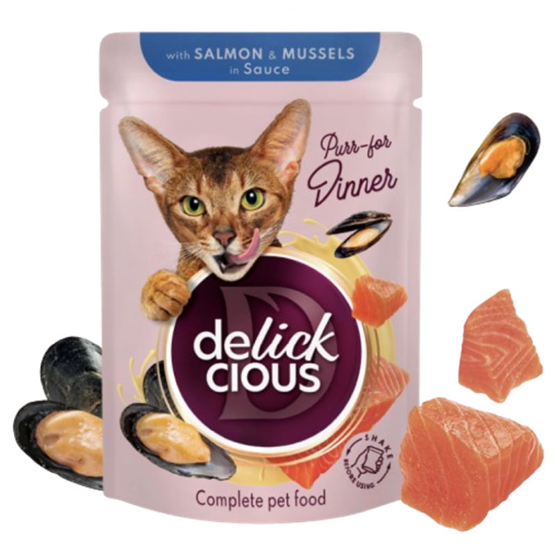 DELICKCIOUS™. Plátky s lososom a mušľami v omáčke. Pre dospelé mačky 85 g (3135)