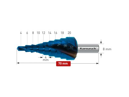 201448 | HSS-XE + BLUE-DUR beschichteter Stufenbohrer, Durchmesser 4-20 mm, CBN geschliffen, 2 Schneiden