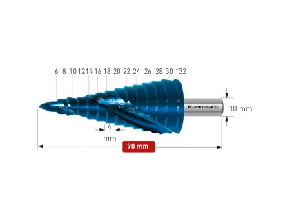 201449 | HSS-XE + BLUE-DUR beschichteter Stufenbohrer, Durchmesser 6-30 mm, CBN geschliffen, 2 Schneiden