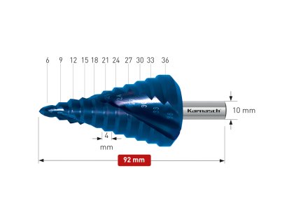 201450 | HSS-XE + BLUE-DUR beschichteter Stufenbohrer, Durchmesser 6-36 mm, CBN geschliffen, 2 Schneiden
