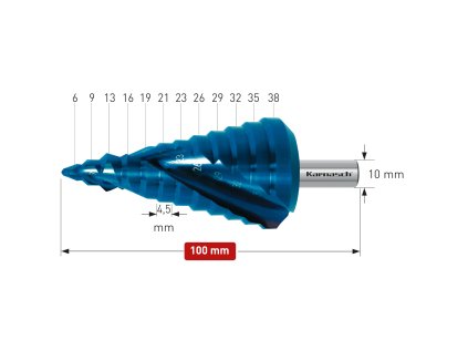 201470 | HSS-XE + BLUE-DUR beschichteter Stufenbohrer, Durchmesser 6-38 mm, CBN geschliffen, 2 Schneiden