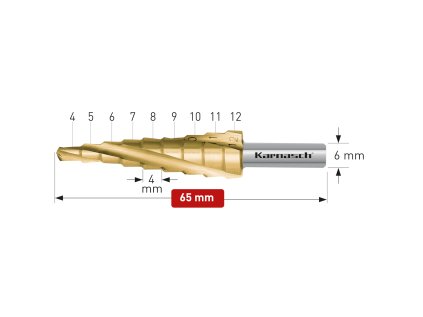 213001 | HSS-XE + TiN-GOLD beschichteter Stufenbohrer, Durchmesser 4-12 mm, CBN geschliffen, 3 Schneiden