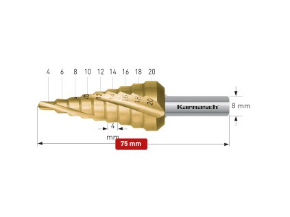 213002 | HSS-XE + TiN-GOLD beschichteter Stufenbohrer, Durchmesser 4-20 mm, CBN geschliffen, 3 Schneiden