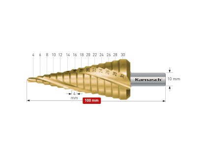 213003 | HSS-XE + TiN-GOLD beschichteter Stufenbohrer, Durchmesser 4-30 mm, CBN geschliffen, 3 Schneiden