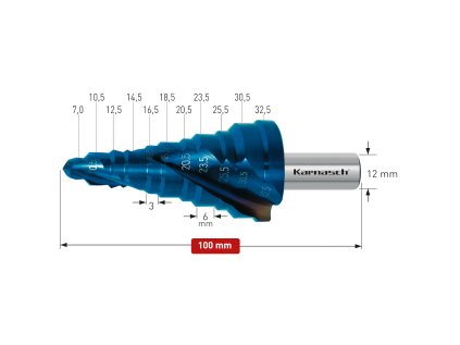 201471 | HSS-XE + BLUE-DUR beschichteter Stufenbohrer für Kabelverschraubungen, Durchmesser 7-32,5 mm, CBN geschliffen, 2 Schneiden