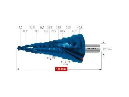 201451 | HSS-XE + BLUE-DUR beschichteter Stufenbohrer für Kabelschraubungen, Durchmesser 7-40,5 mm, CBN geschliffen, 2 Schneiden