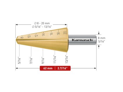 210037 | HSS-XE + TiN-GOLD beschichteter Blechschälbohrer, Durchmesser 8-20 mm, CBN geschliffen, 2 Schneiden