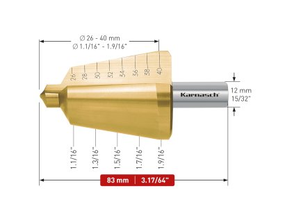 213017 | HSS-XE + TiN-GOLD beschichteter Blechschälbohrer, Durchmesser 26-40 mm, CBN geschliffen, 2 Schneiden
