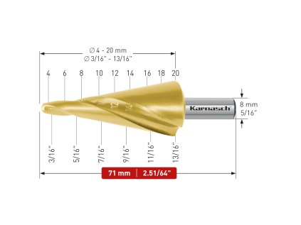 201472 | HSS-XE + TiN-GOLD beschichteter Blechschälbohrer, Durchmesser 4-20 mm, CBN geschliffen, 2 Schneiden
