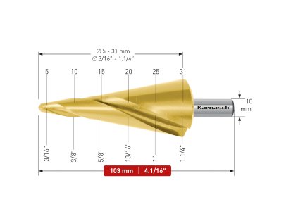 201473 | HSS-XE + TiN-GOLD beschichteter Blechschälbohrer, Durchmesser 5-31 mm, CBN geschliffen, 2 Schneiden