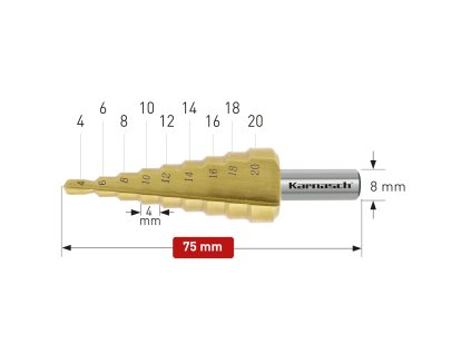 213034 | HSS-XE + TiN-GOLD beschichteter Stufenbohrer, Durchmesser 4-20 mm, CBN geschliffen, gerade genutet mit Kreuzanschliff, 2 Schneiden
