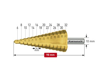 213035 | HSS-XE + TiN-GOLD beschichteter Stufenbohrer, Durchmesser 6-32 mm, CBN geschliffen, gerade genutet mit Kreuzanschliff, 2 Schneiden